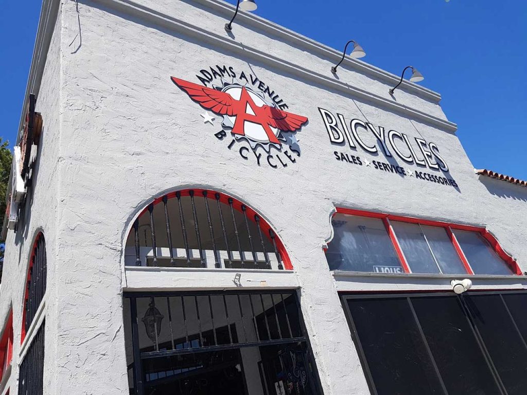 Adams Avenue Bicycles storefront in San Diego, offering bike sales, repairs, and accessories.