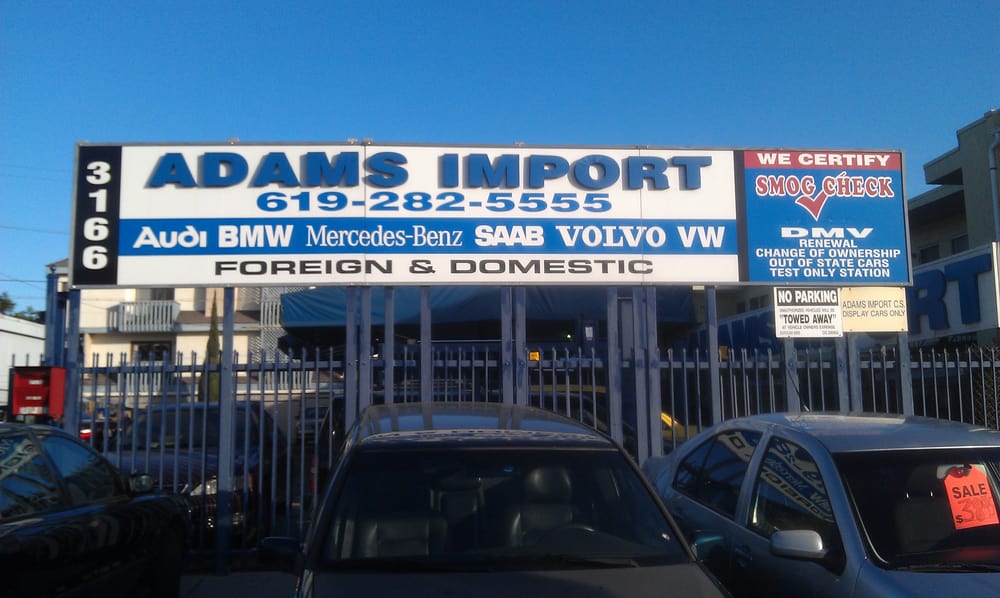 Adams Import Car Specialist auto repair shop at 3166 Adams Avenue, San Diego, specializing in foreign and domestic vehicles, smog checks, and DMV renewals.