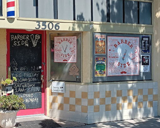 Barber Side storefront at 3506 Adams Avenue, San Diego, featuring vintage barber signage and a red entrance door.