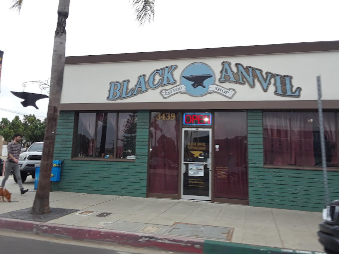 Black Anvil Tattoo Shop storefront at 3439 Adams Avenue, San Diego, featuring bold signage and a welcoming entrance.