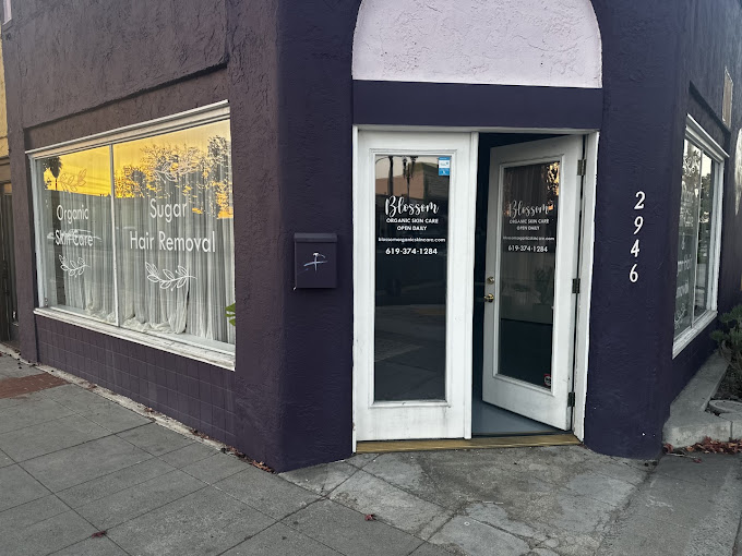 Blossom Organic Skin Care storefront at 2946 Adams Avenue, San Diego, specializing in organic facials and sugaring hair removal.