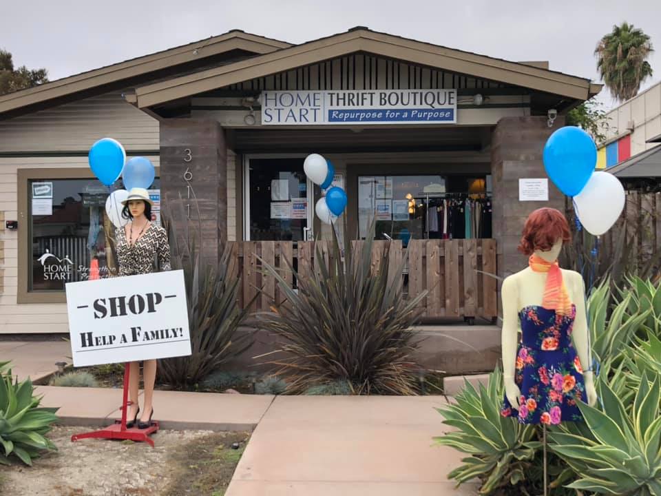 Home Start Thrift Boutique storefront in San Diego, offering secondhand clothing and home decor.