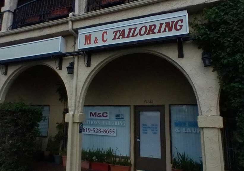 M & C Tailoring storefront in San Diego, offering expert tailoring and alterations.