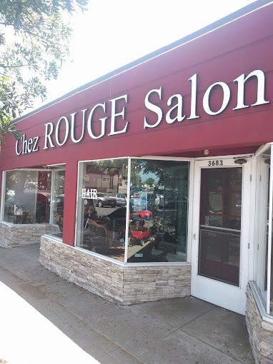 Chez Rouge Salon storefront at 3683 Adams Avenue, San Diego, specializing in haircuts, styling, and beauty services.