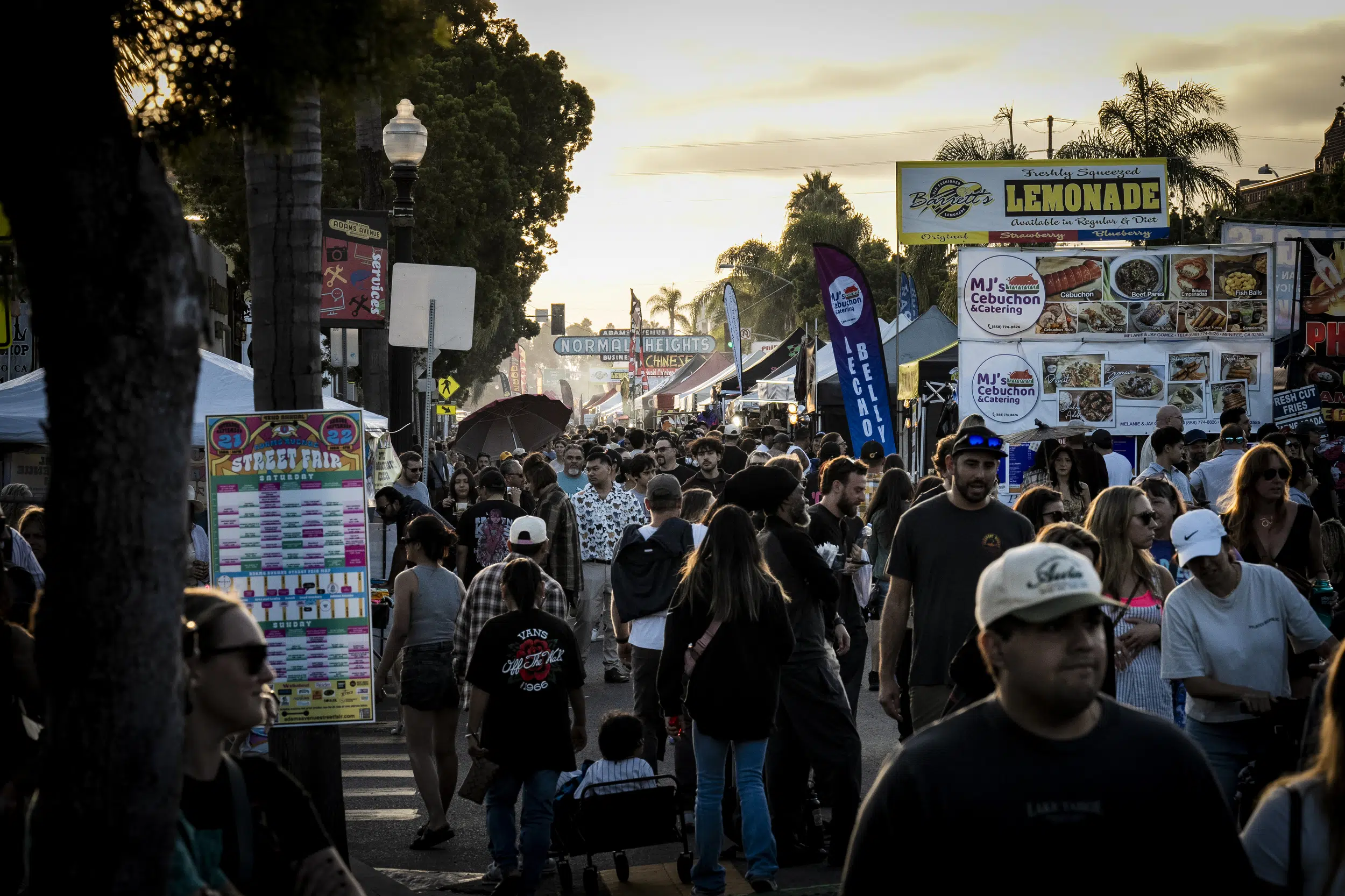 A vibrant crowd enjoying the Adams Avenue Street Fair, with food booths, banners, and the Normal Heights sign in the background.
